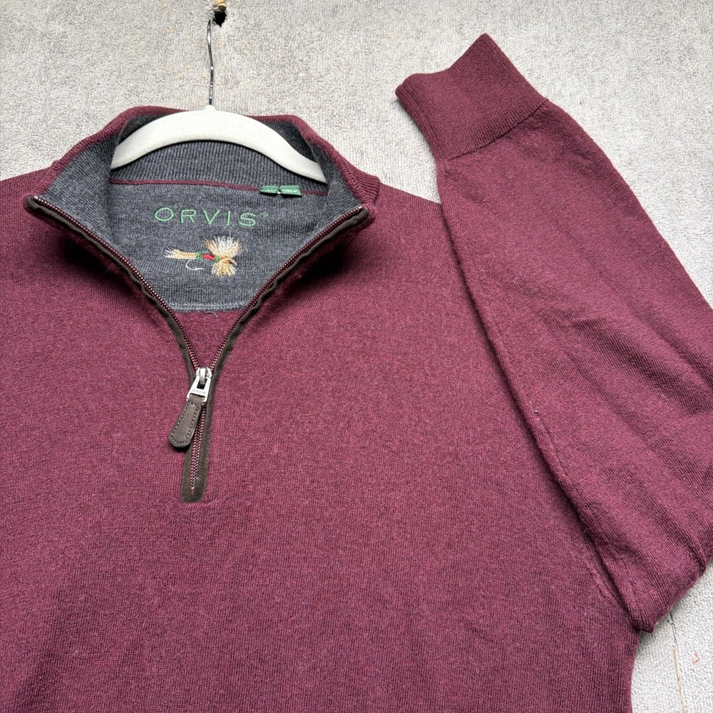 Orvis Merino Wool 1/4 Zip Sweater‎ Mens Large Red Burgundy Pullover